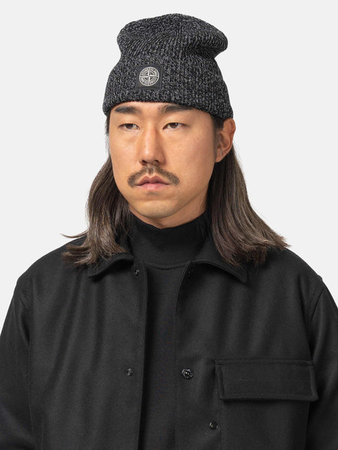 Stone Island Reflective Knit Compass Patch Beanie Black Melange, Beanies