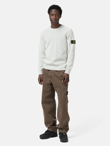 Shot of the model wearing the Stone Island Ribbed Cotton Raglan Crewneck Grey