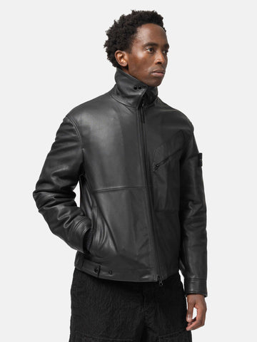 Stone Island Matt Grain Leather Coach Jacket Black, Leather Jackets