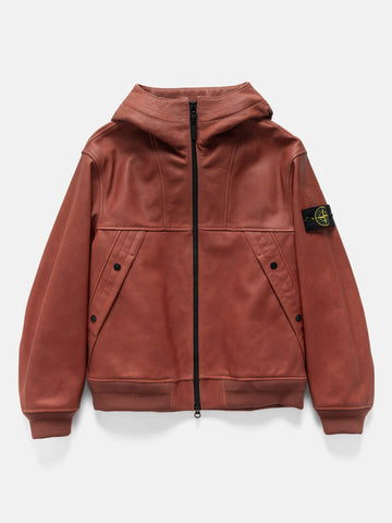 Flat shot of the Stone Island Textured Leather Hooded Jacket Brick Red