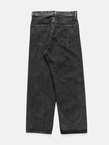 Flat shot of the back of the cotton denim 5 pocket wide pants in black from URU