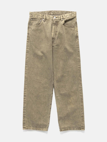 Flat shot in studio of the cotton denim 5 pocket wide pants in brown from URU