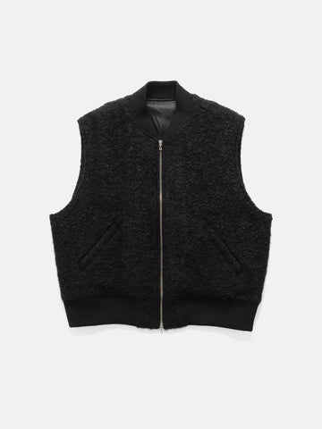 Flat shot of the Wool Boa Zip Up Vest Black in studio