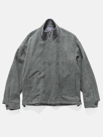 Flat shot in studio of the wool light tweed zip-up blouson from URU.