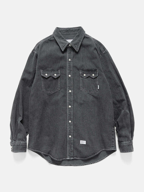 Flat shot of the WTAPS Allman / LS / Cotton. Denim Black