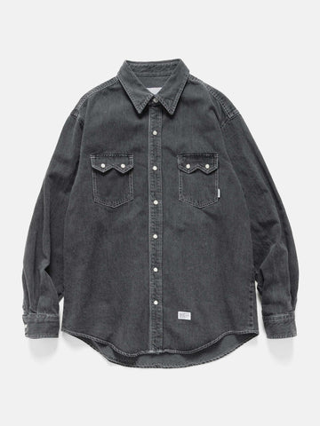 Flat shot of the WTAPS Allman / LS / Cotton. Denim Black