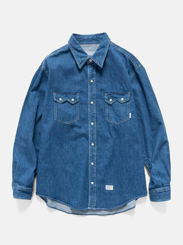 Flat shot of the WTAPS Allman / LS / Cotton. Denim Indigo