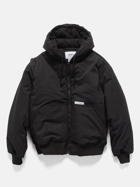 flat shot of WTAPS puff doom jacket in cotton weather black