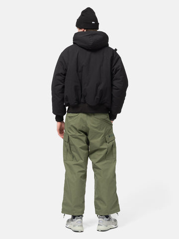 ear view of model wearing WTAPS puff doom jacket in cotton weather black