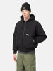half-body view of model wearing WTAPS puff doom jacket in cotton weather black