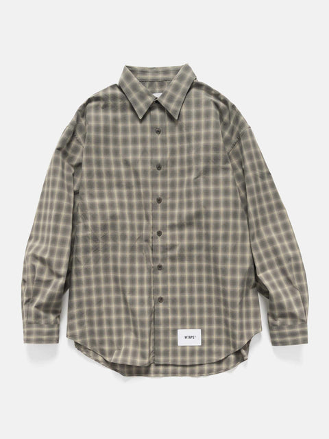 Flat shot of the WTAPS Txt 01 / LS / Poly. Broadcloth. Textile. Of Olive Drab