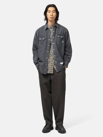Full body shot of the model wearing the WTAPS WRKT2001 / Trousers / Cotton. Twill Charcoal