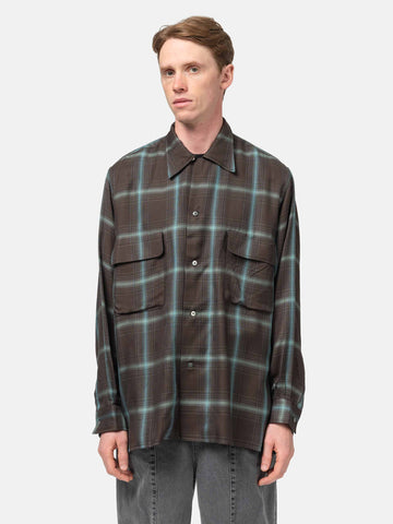 YOKE Rayon Wool Ombre Plaid Wpocket Shirt Brown, Shirts
