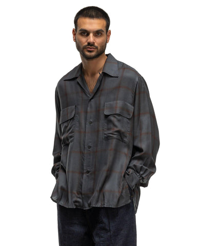 YOKE Rayon Wool Plaid Open Collar Shirt Charcoal, Outerwear