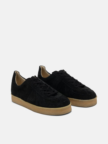 three-quarter view of the HOBO x Reproduction Of Found German Trainer Cow Suede Black