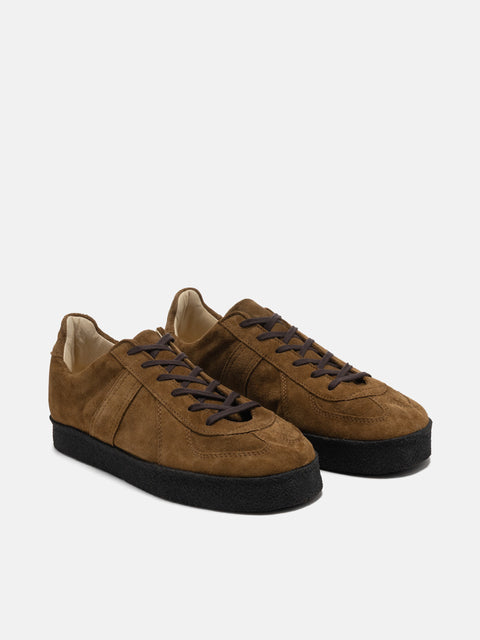three-quarter view of the HOBO x Reproduction Of Found German Trainer Cow Suede Brown
