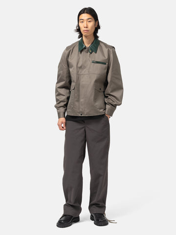 full-body view of model wearing sacai cotton chino blouson gray