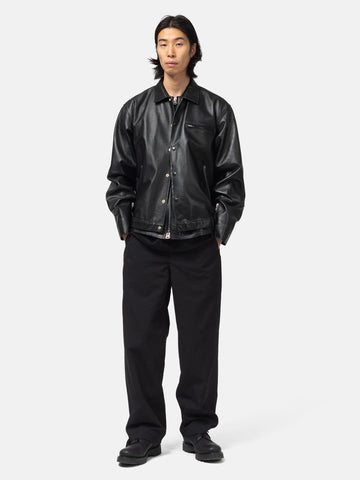 full-body view of the model wearing the sacai Leather Blouson Black