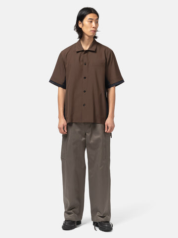 full-body view of the model wearing of the sacai Suiting x Denim Shirt Brown x Indigo